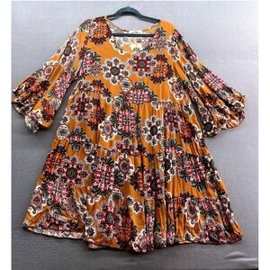 The Rustic Rack Mini Dress L Medallion Print Tiered Bell Sleeve Mustard Gold